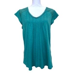 DEMOCRACY Embroidered V-Neck Turquoise Loose Top
